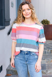 Look Out Teal & Rose Striped Hacci Knit Puff Sleeve Top