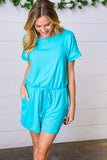 Ice Blue Brushed Knit Elastic Waist Pocketed Romper