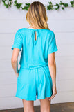 Ice Blue Brushed Knit Elastic Waist Pocketed Romper