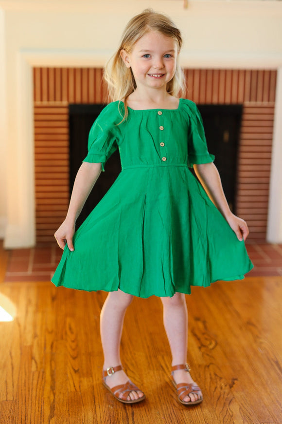 Kids Adorable Green Button Square Neck Ruche Back Dress