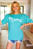 Take A Bow Mint "Mama" Embroidery Pop-Up Puff Sleeve Sweater Top