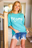 Take A Bow Mint "Mama" Embroidery Pop-Up Puff Sleeve Sweater Top