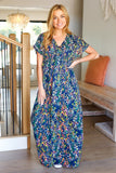 Just Feels Right Navy Blue Floral V Neck Dolman Maxi Dress