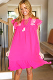 Bright Thoughts Hot Pink Embroidered Notched Neck Tassel Dress