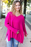 Be Bold Magenta Oversized V Neck Rib Knit Sweater