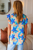 Tropical Breeze Turquoise Floral Banded V Neck Flutter Sleeve Top