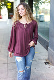 Versatile Wine Front Tie Modal Knit Peasant Top