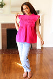 Love Life Cotton Fuchsia Frill Mock Neck Flutter Sleeve Top