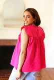 Love Life Cotton Fuchsia Frill Mock Neck Flutter Sleeve Top