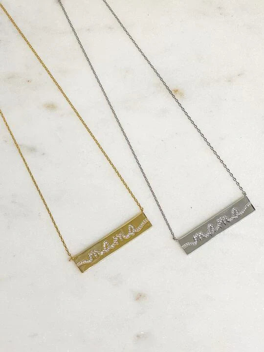PREORDER: Cubic Zirconia Mama Bar Pendant Necklaces in Two Colors