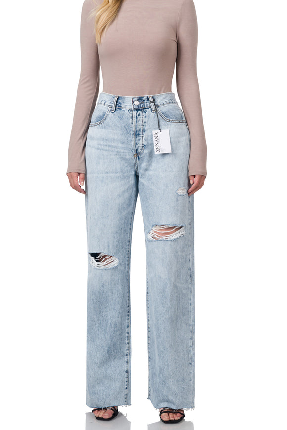 HIGH RISE DISTRESSED STRAIGHT LEG DENIM PANTS