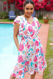 Hello Beautiful Ivory & Fuchsia Floral Sequin Smock Waist Midi Dress