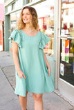 Out For The Day Sage Crinkle Woven Ruffle Sleeve Dress