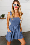 Dusty Blue Terry Smocked Tank Top Baggy Shorts Romper