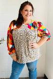 Rust & Khaki Geometric Animal Print Color Block Bubble Sleeve Top