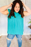 Love Life Cotton Turquoise Frill Mock Neck Flutter Sleeve Top