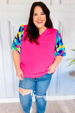 Tell Your Story Fuchsia Geo Print Puff Sleeve V Neck Top