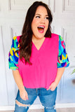 Tell Your Story Fuchsia Geo Print Puff Sleeve V Neck Top