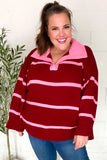 Fall For You Crimson Stripe Notched Neck Collared Oversized Sweater