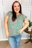 Dreamy Green & Pink Floral Yoke Ruffle Short Sleeve Top