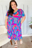 Remember Me Blue & Fuchsia Geo Print V Neck Dress