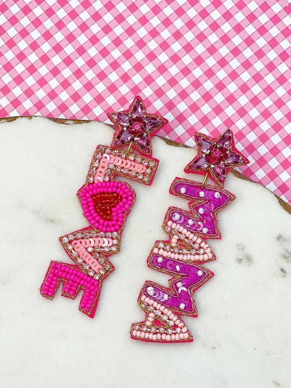 PREORDER: Love Mama Beaded Dangle Earrings in Pink