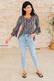 Willow Bell Sleeve Top in Navy Rainbow Rope