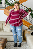 Erika Striped V-Neck Long Sleeve Top in Burgundy