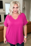 V-Neck Cuffed Sleeve Hi-Low Hem Top in Magenta