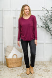 Long Sleeve Knit Top With Pocket In Burgundy