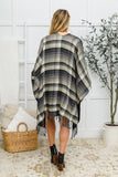 Plaid Fringe Trimmed Open Poncho in Black